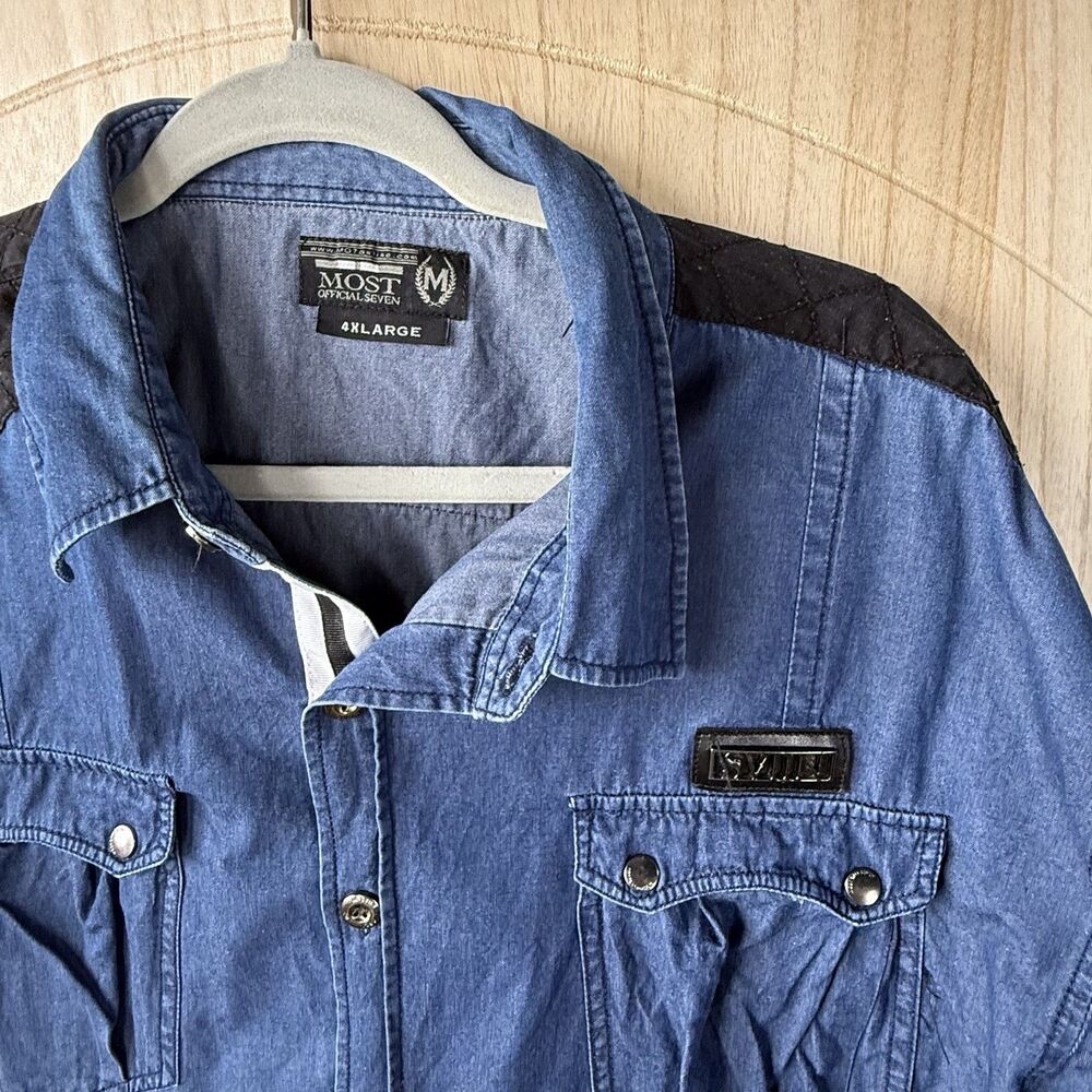 4XL Blue Chambray Denim Look MOST Official Seven Mens Button Shirt Black Trim